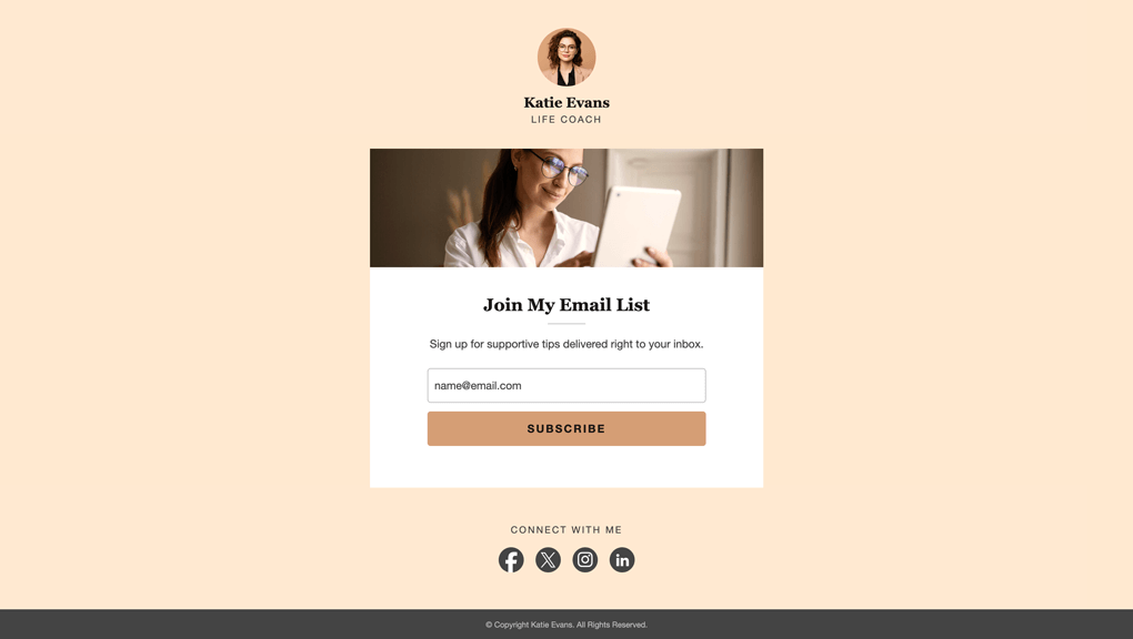 Free Landing Page Template Email Signup Form - Personal Site - Katie