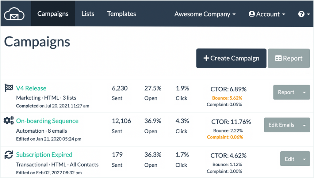 BigMailer dashboard