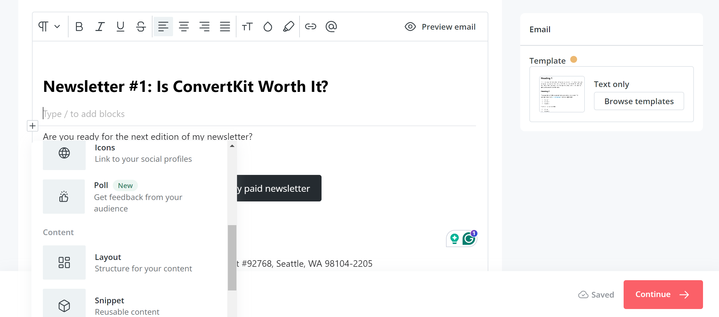 ConvertKit email editor