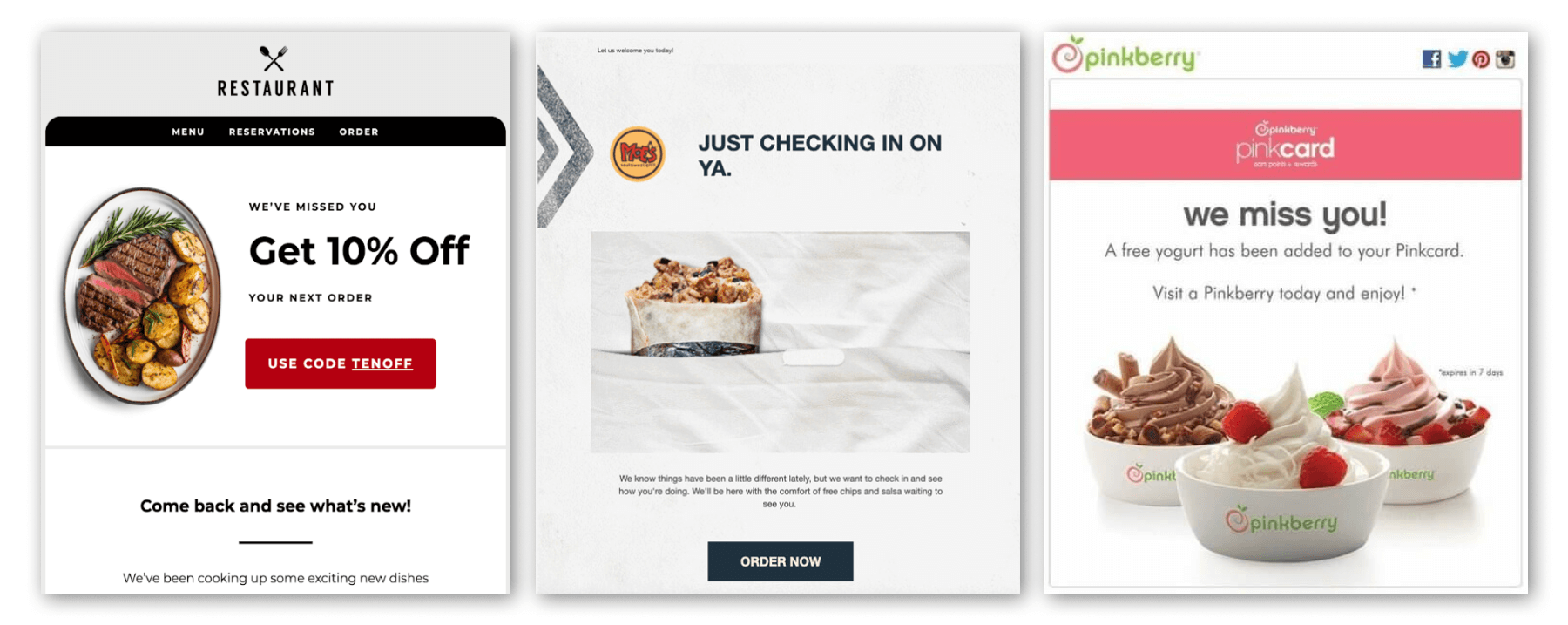 Re-Engagement “We Miss You” email marketing examples for restaurants