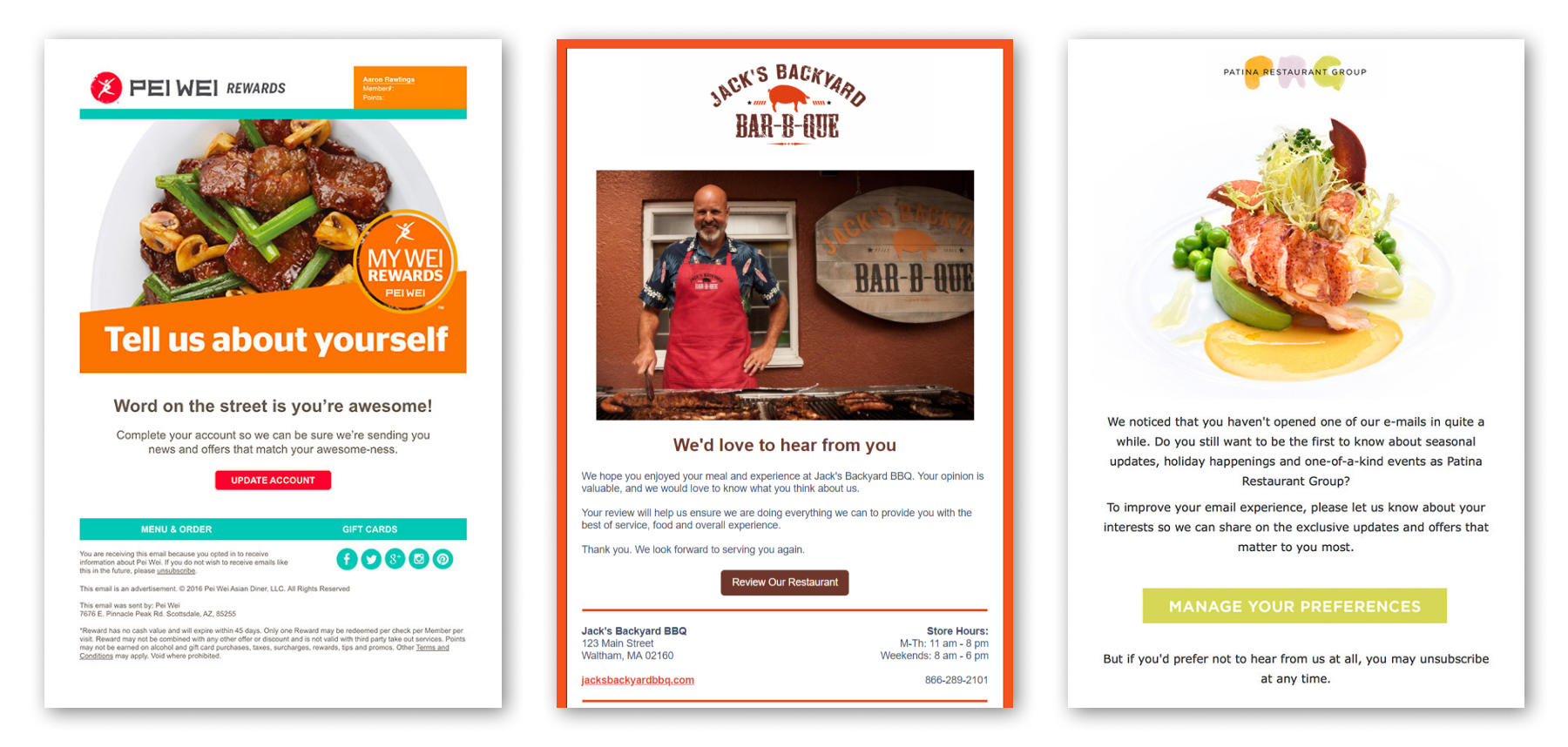 Request Guest Feedback email marketing examples for restaurants